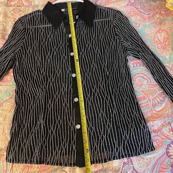 Woman Sparkly Black Long Sleeves See though Blouse - Picture 8 of 12